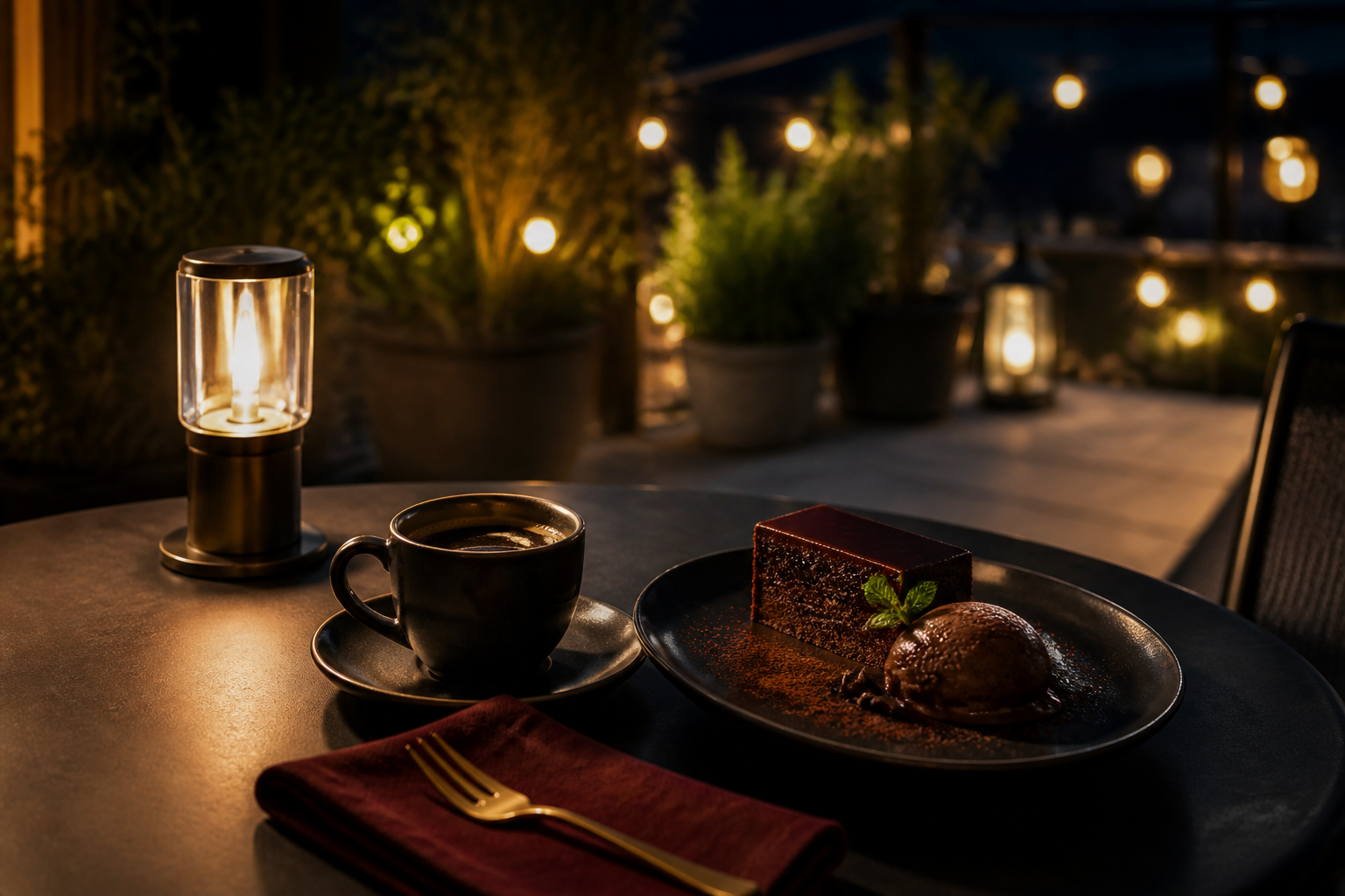夜のテーブルに置かれた珈琲とチョコレートデザート